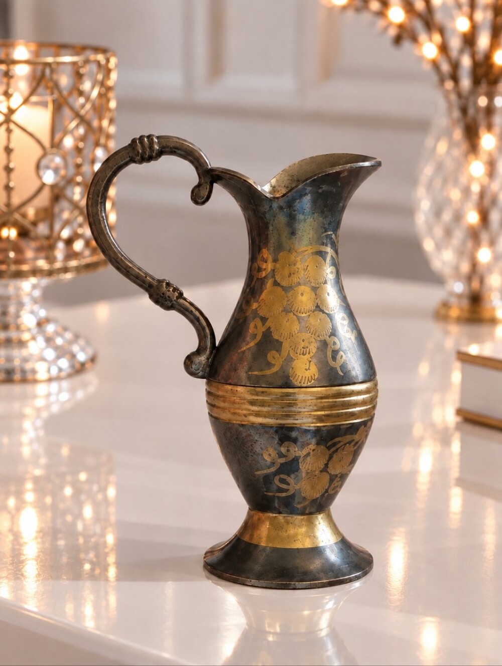 🏺 Vintage 4" Decorative Metal Pitcher Gold Floral Design Ornate Handle